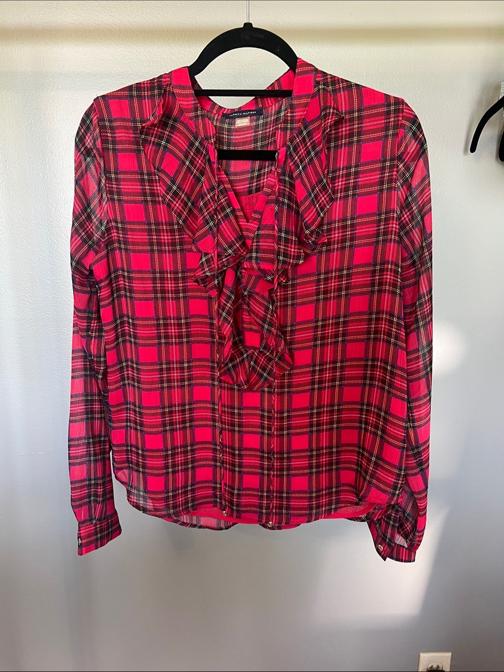 Tommy Hilfiger Hot Pink Plaid Ruffle Front Blouse